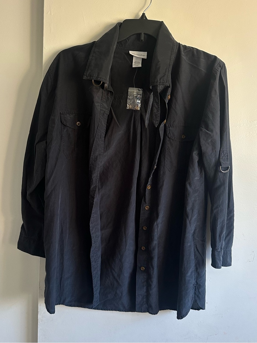 Soft Surroundings Black Button-Front Shirt Jacket with Ring Accents Silk, Cotton